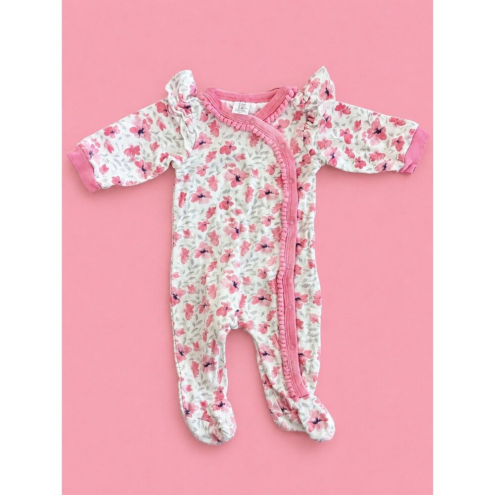 Baby Kiss Pink Ruffle Floral Sleeper | 3-6 Months Footie Pajamas